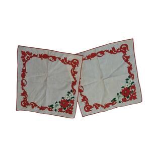 Vintage Set Of 2 Napkins Poinsetta Christmas Square White Red Green 17"